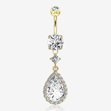 Golden Brilliant Teardrop Lux Sparkle Dangle Belly Button Ring-Clear Gem